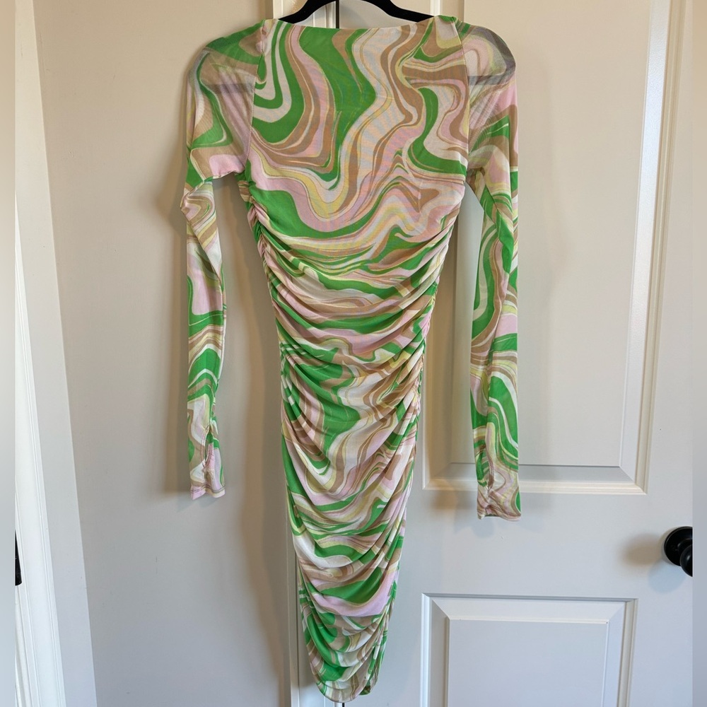 AFRM LOS ANGELES Gesine Long Sleeve Ruched Minidress in Green Swiss - Picture 9 of 11